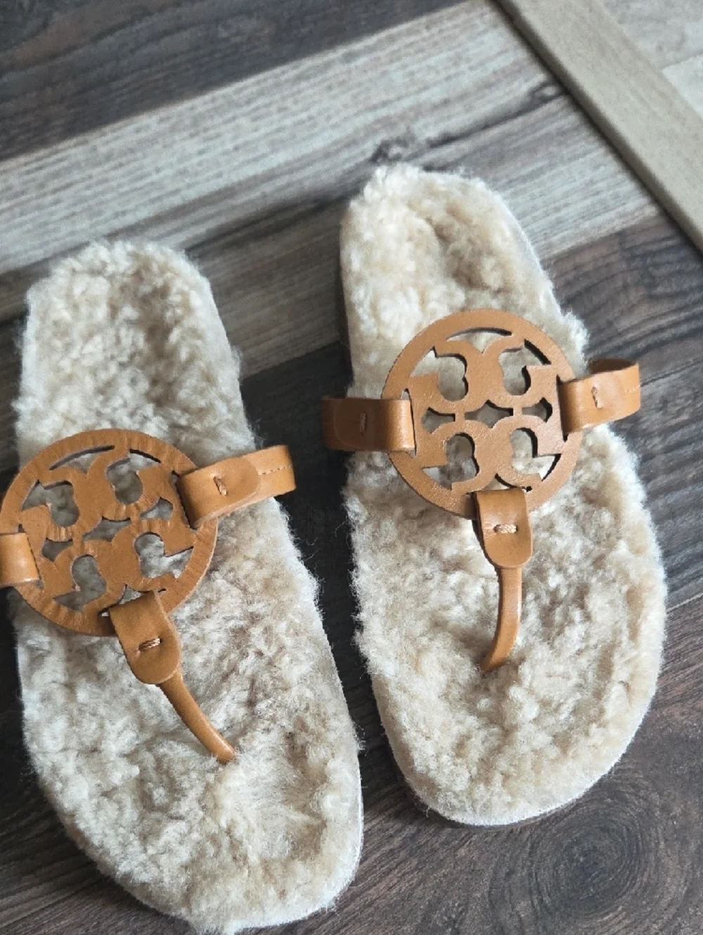 Tory Burch Camel Leather Logo Shearling Slide Sandals